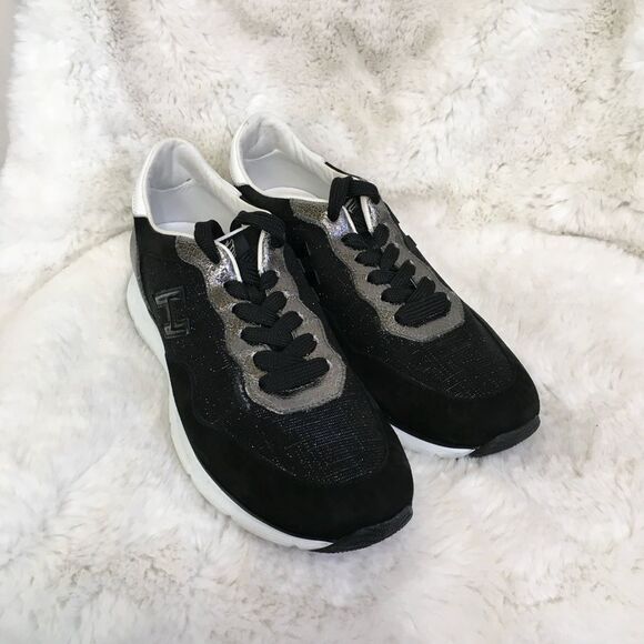 NEW Hogan Women’s Black Suede Silver Glitter Trainer Sneakers Size 8.5/39